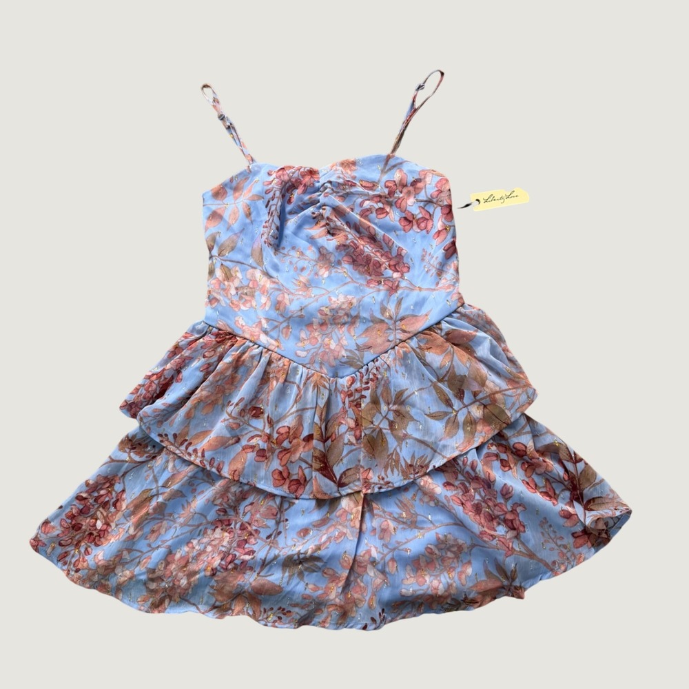 Mini Dress Medium Floral Ruffle Tiered Chiffon Fit Flare Blue NWT